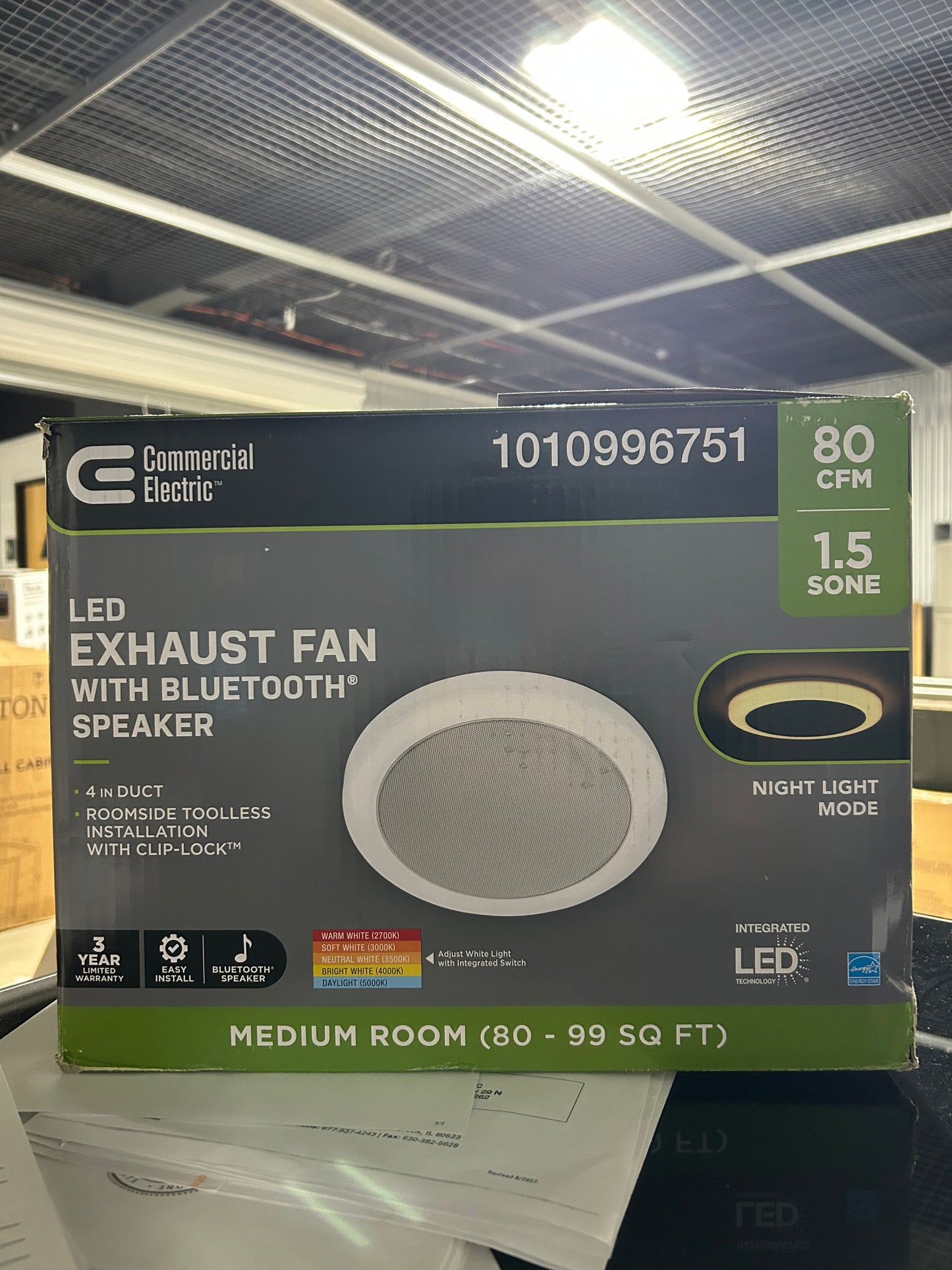 Commercial Electric 80 CFM 1.5 Sones Ceiling Bathroom Exhaust Fan with Bluetooth Speaker and Adjustable CCT LED Lights and Night Light