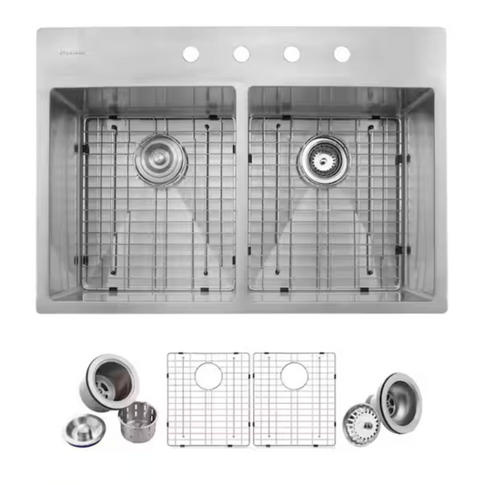 Glacier Bay Professional Tight Radius 33 in. Drop-In 50/50 Double Bowl 16 Gauge Stainless Steel Kitchen Sink with Accessories