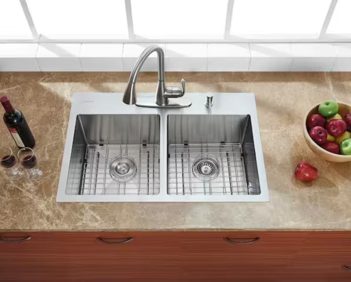 Glacier Bay Professional Tight Radius 33 in. Drop-In 50/50 Double Bowl 16 Gauge Stainless Steel Kitchen Sink with Accessories