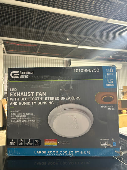 Commercial Electric 110 CFM 1.5 Sones Ceiling Bathroom Exhaust Fan with Bluetooth, Humidity Sensor, Adjustable CCT LED and Night Light
