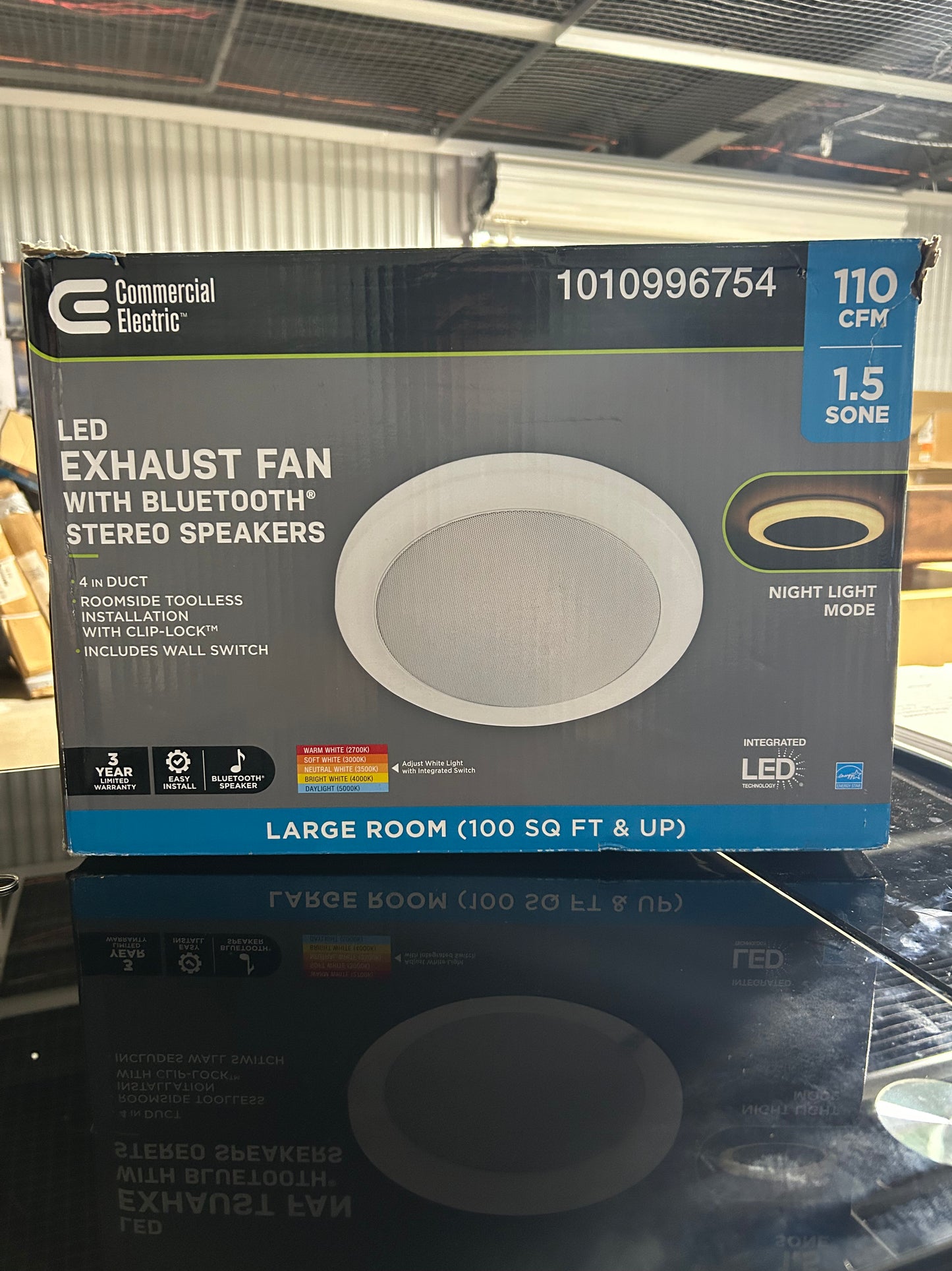 Commercial Electric 110 CFM 1.5 Sones Ceiling Bathroom Exhaust Fan with Bluetooth Speaker and Adjustable CCT LED Lights and Night Light