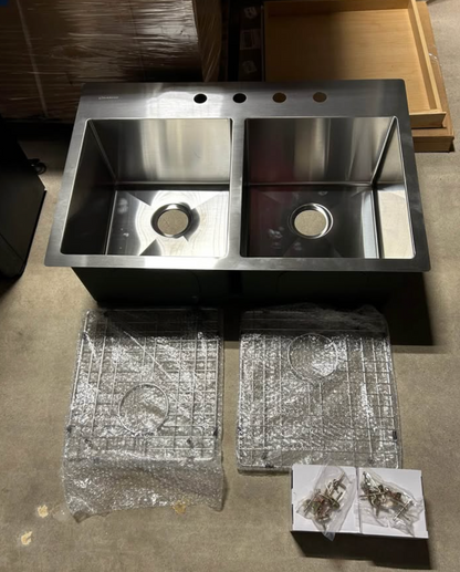 Glacier Bay Professional Tight Radius 33 in. Drop-In 50/50 Double Bowl 16 Gauge Stainless Steel Kitchen Sink with Accessories