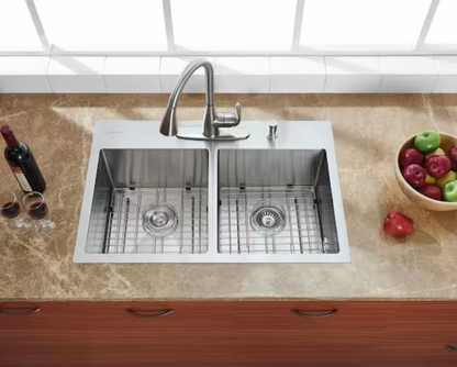 Glacier Bay Professional Tight Radius 33 in. Drop-In 50/50 Double Bowl 16 Gauge Stainless Steel Kitchen Sink with Accessories